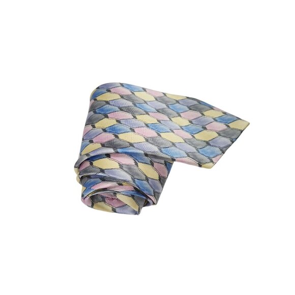 Colorful Cocktail Colors 100% Silk Necktie W/ Pastel Geometric Design - Picture 2 of 6